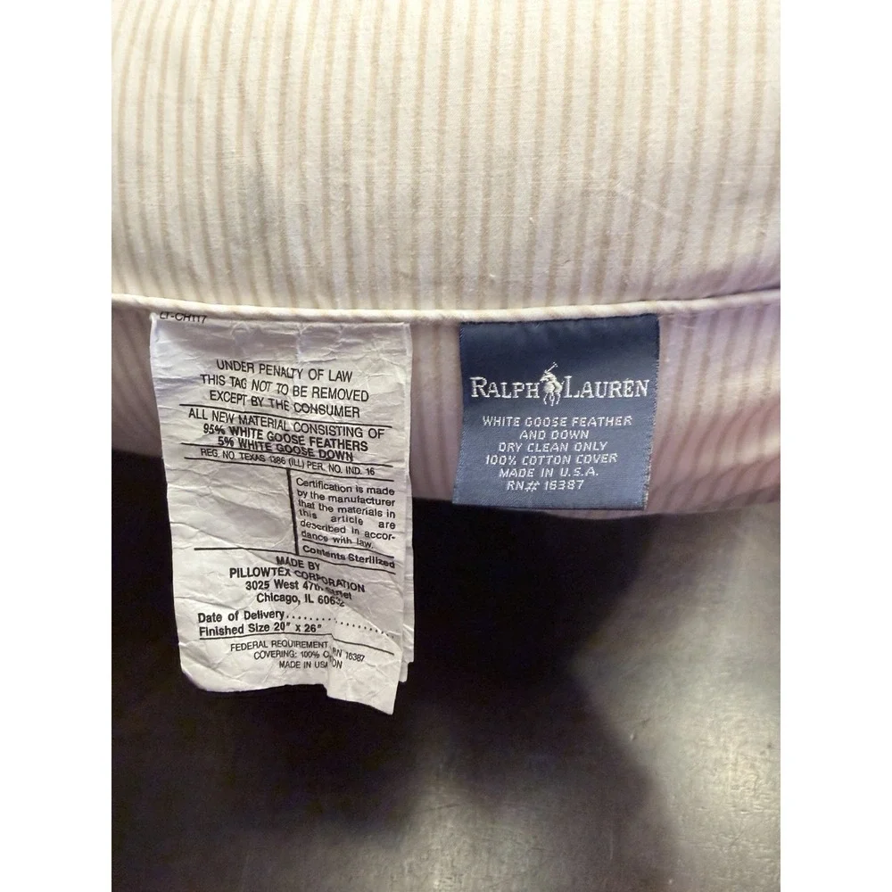 Ralph Lauren White Goose Down Feather Standard Pillow Vintage Striped USA